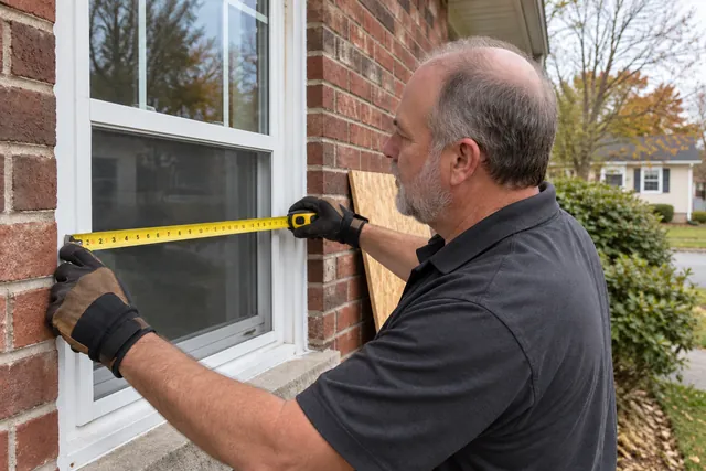 Worker measuring a ground-floor window frame for protective boarding