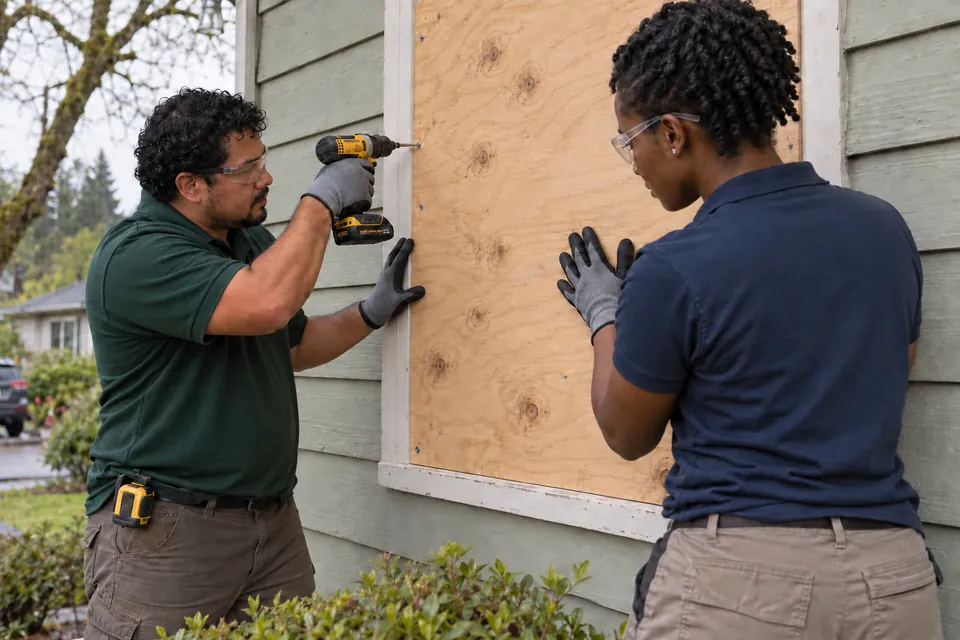 Workers fitting plywood protection over a ground-floor window