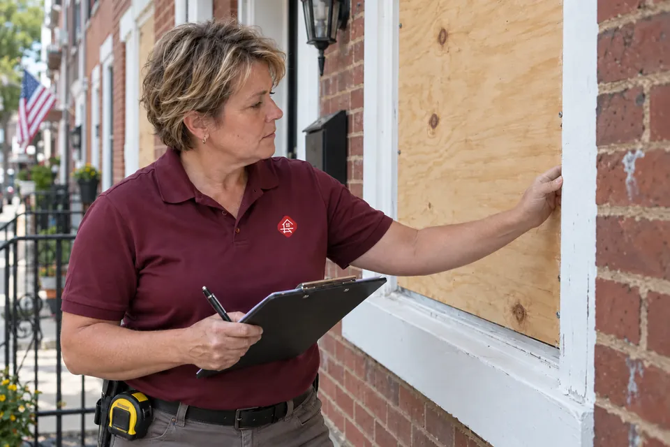 Worker reviewing the edge fit of protective boarding on a ground-floor window