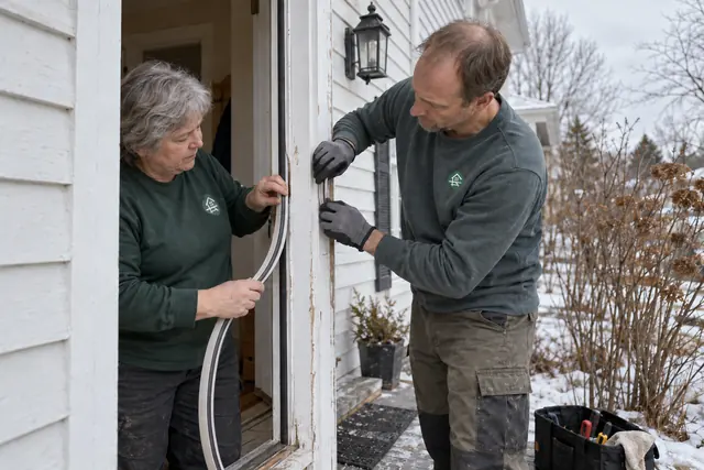 Two workers fitting new weatherstripping around a residential door frame
