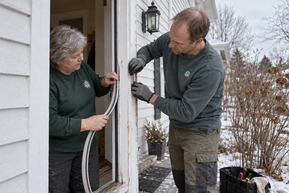 Two workers fitting new weatherstripping around a residential door frame
