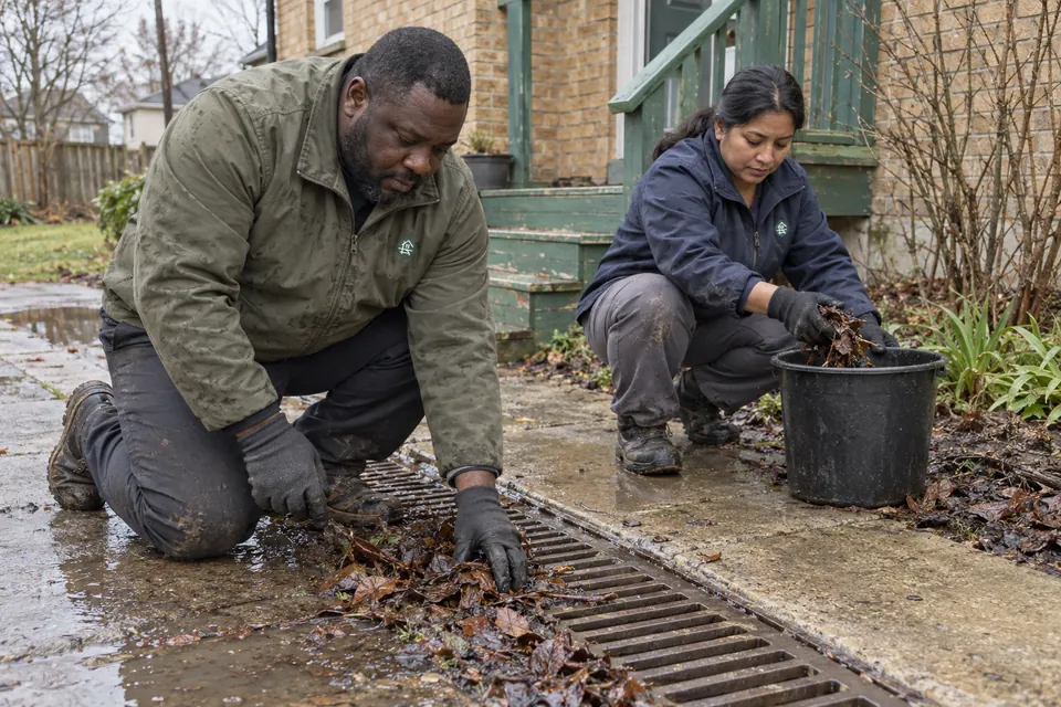 Two workers hand-clearing wet leaves from a shallow drainage channel beside a house
