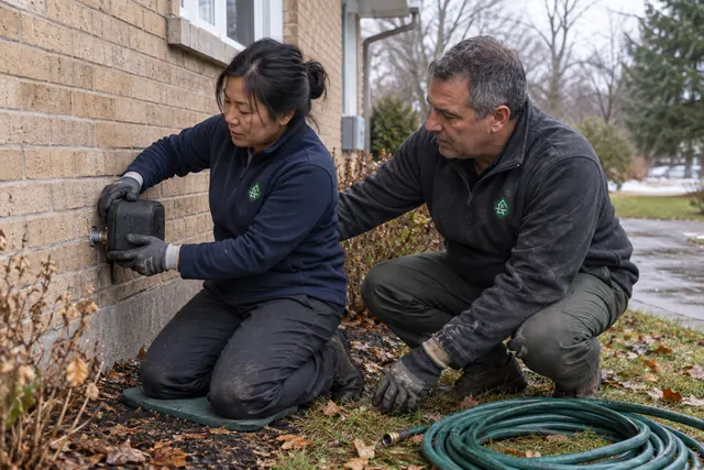 Two workers fitting an outdoor faucet cover after disconnecting a garden hose