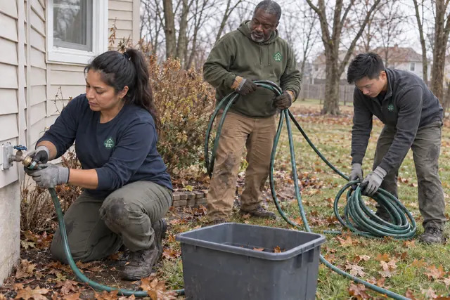 Three workers disconnecting and coiling garden hoses beside a house in late autumn