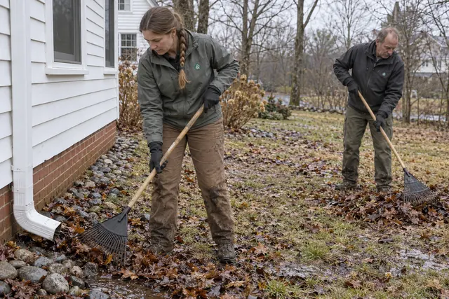 Two workers raking saturated autumn leaves away from exterior drainage beside a home