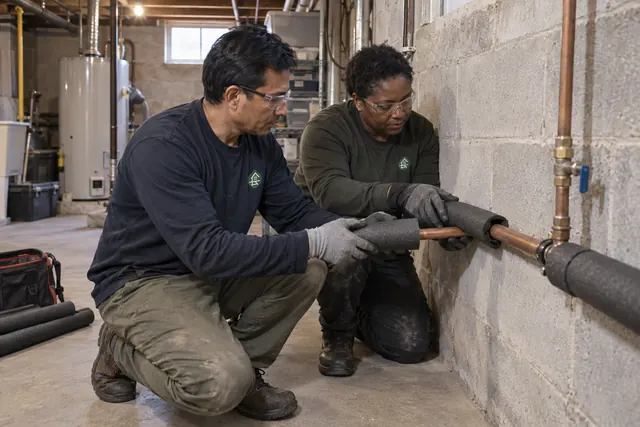 Two technicians fitting foam insulation around exposed water pipes in a utility area