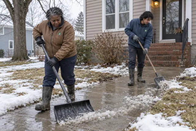 Two workers clearing thin wet slush from a home's walkway with snow shovels