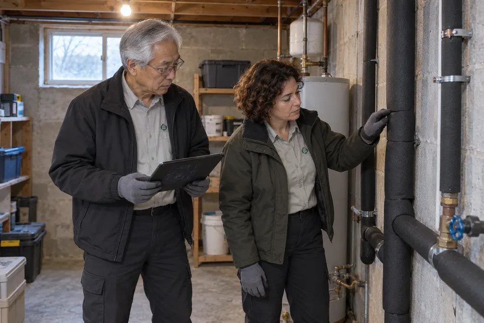 Two workers reviewing insulated water pipes and a tablet checklist in a utility room